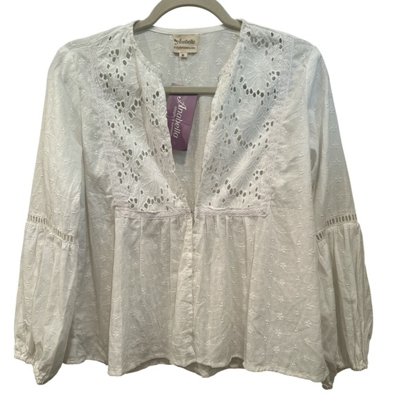 NWT Annabella White Eyelet Jacket with Hook Closure Detailed Boho Sz M - Picture 1 of 8